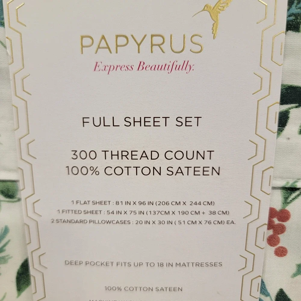 PAPYRUS Christmas Holly Berry FULL Sheet Set 100% Cotton Sateen 300 Thread Count